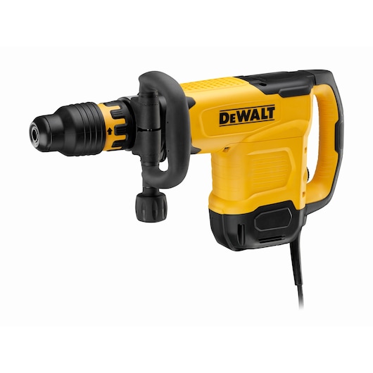A yellow and black DEWALT electric demolition hammer with an ergonomic handle and a cord, designed for heavy-duty construction work.