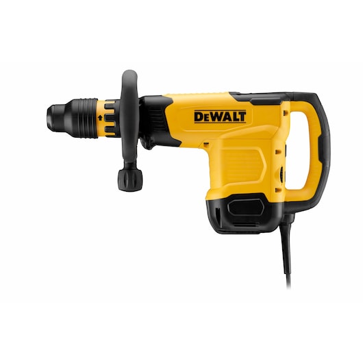 A DEWALT branded electric demolition hammer with a yellow and black body, featuring a side handle and a power cord, shown on a white background.