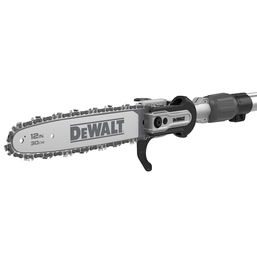 Close-up view of a DEWALT 12-inch (30 cm) pole saw with a gray and black color scheme. The saw features a chain blade and branding on the blade.