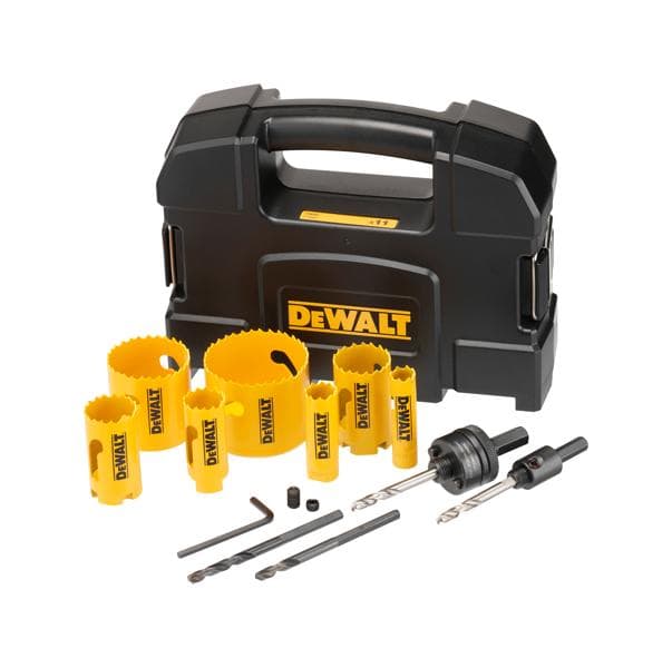 DEWALT Lochsägen-Set mit gelben Sägen, Bohrern, Zubehör und schwarzem Transportkoffer.